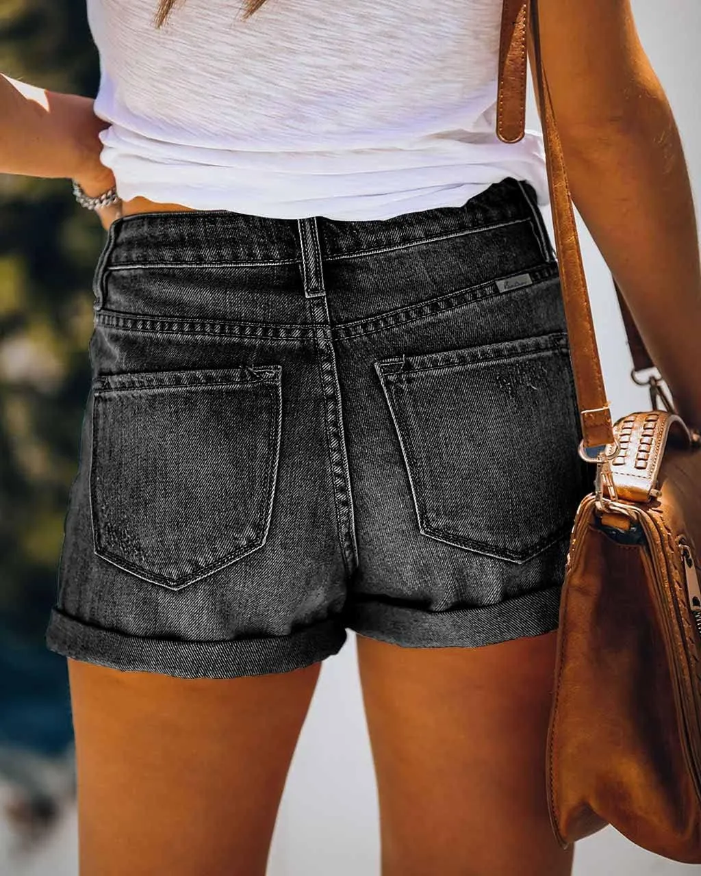 Women's Ripped High Waisted Denim Shorts Stretchy Cuffed Hem Jean Shorts