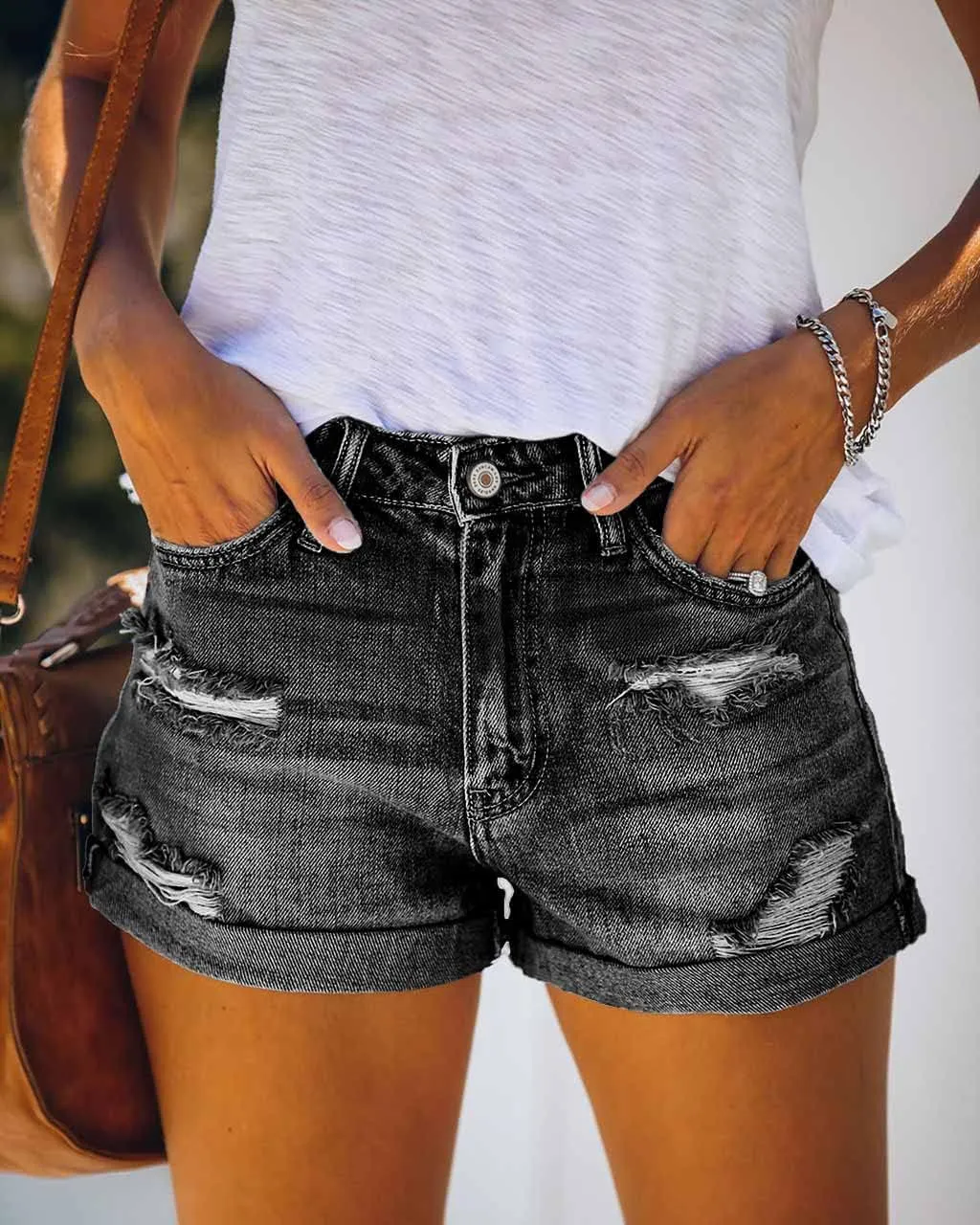 Women's Ripped High Waisted Denim Shorts Stretchy Cuffed Hem Jean Shorts