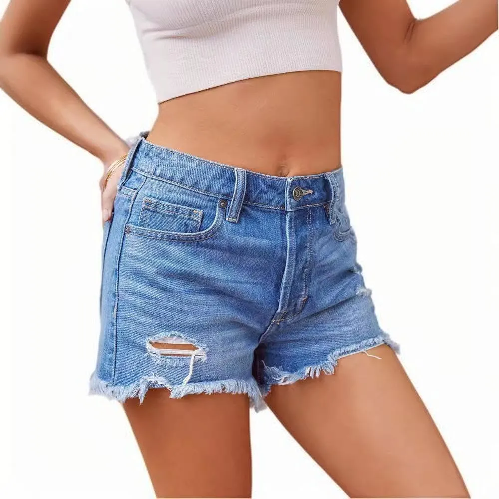 Women's Ripped High Waisted Denim Shorts Stretchy Frayed Raw Hem Jean Shorts