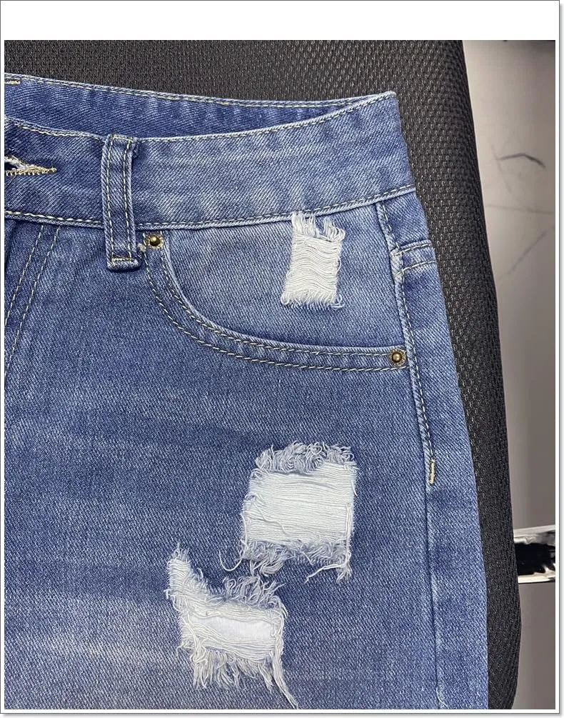 Women's Ripped High Waisted Denim Shorts Stretchy Frayed Raw Hem Jean Shorts