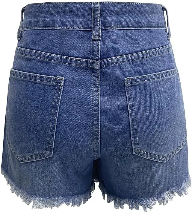 Women's Ripped High Waisted Denim Shorts Stretchy Frayed Raw Hem Jean Shorts