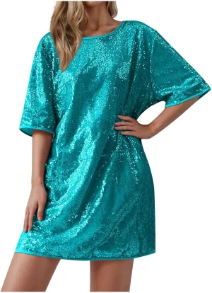 Womens Sequin Dress Short Sleeve Crewneck Party Dress Sparkly Club Dress Loose Fit Short Shift Dress
