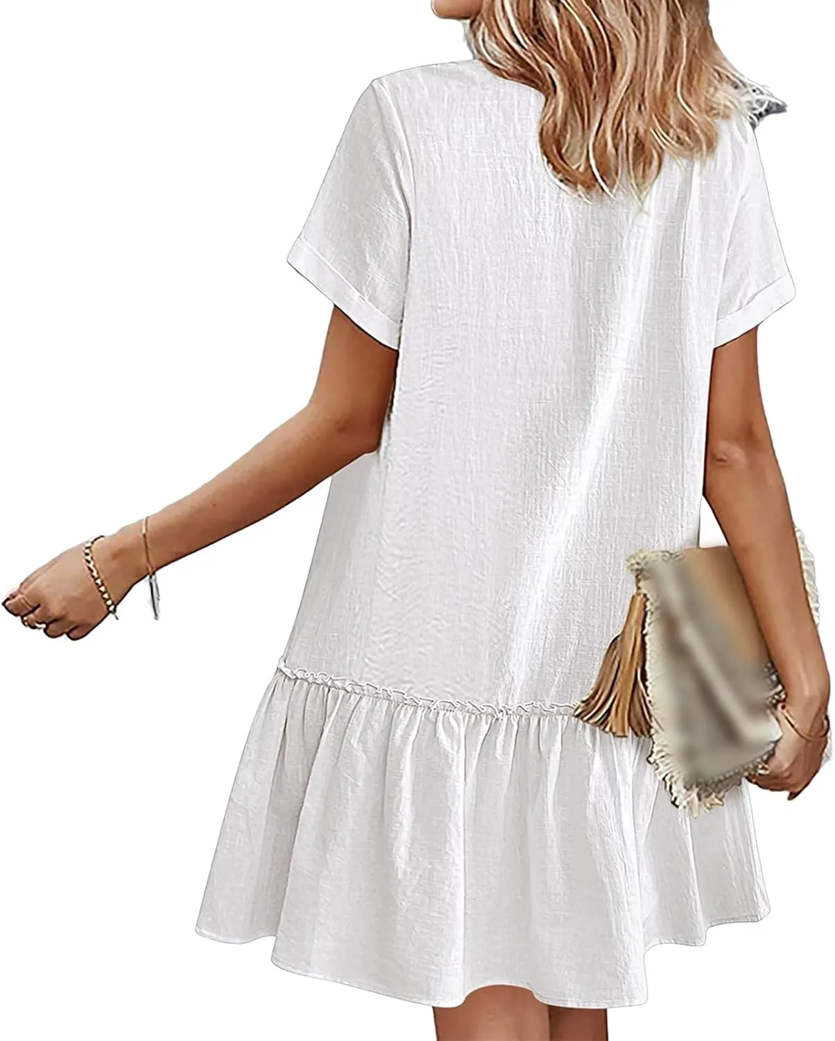 Womens Shirt Dresses Summer V Neck Button Down Short Sleeve Mini Dress Casual Tunic Ruffle Hem Dress with Pockets