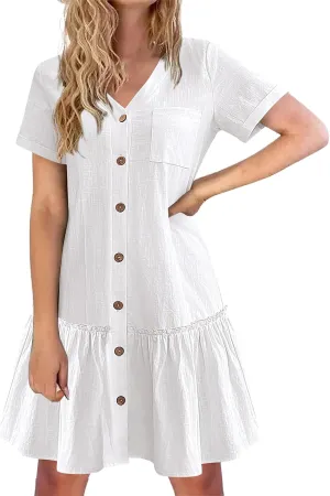 Womens Shirt Dresses Summer V Neck Button Down Short Sleeve Mini Dress Casual Tunic Ruffle Hem Dress with Pockets