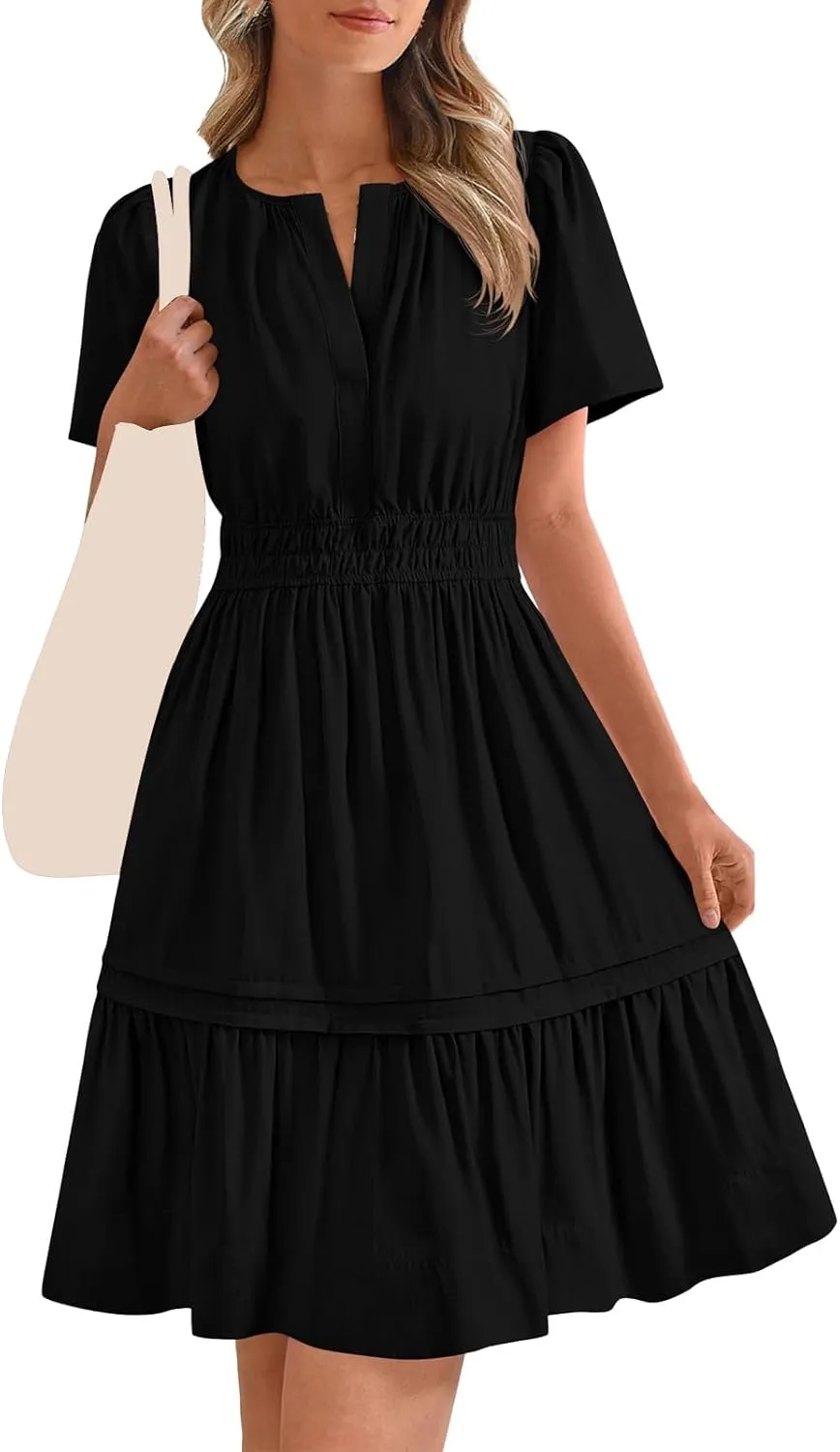 Womens Short Sleeve Dresses Summer Flowy V Neck Midi Dress Casual High Waist Tunic Pleated Ruffle Hem Beach Sundress