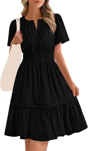 Womens Short Sleeve Dresses Summer Flowy V Neck Midi Dress Casual High Waist Tunic Pleated Ruffle Hem Beach Sundress