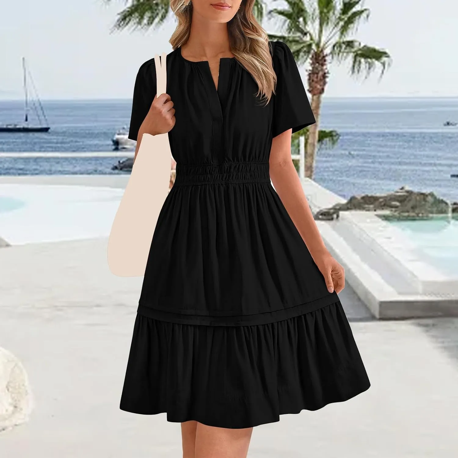 Womens Short Sleeve Dresses Summer Flowy V Neck Midi Dress Casual High Waist Tunic Pleated Ruffle Hem Beach Sundress