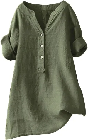 Womens Short Sleeve Linen Shirts Casual Crewneck Soft T Shirts Embroidery Loose Fit Summer Tshirt
