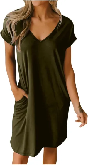 Womens Short Sleeve V Neck T Shirt Dresses Summer Beach Vacation Basic Solid Color Mini Dress with Pocket