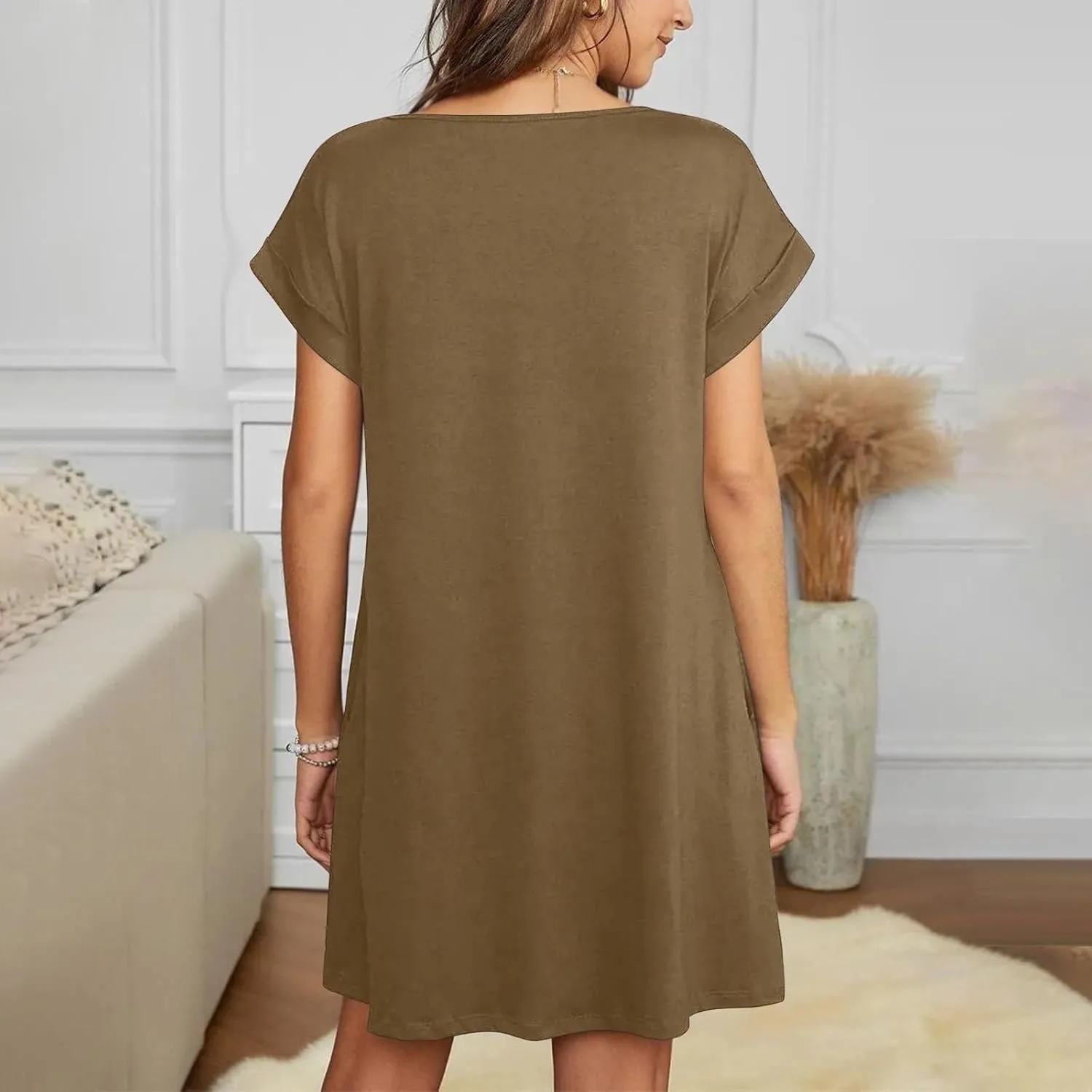 Womens Short Sleeve V Neck T Shirt Dresses Summer Beach Vacation Basic Solid Color Mini Dress with Pocket