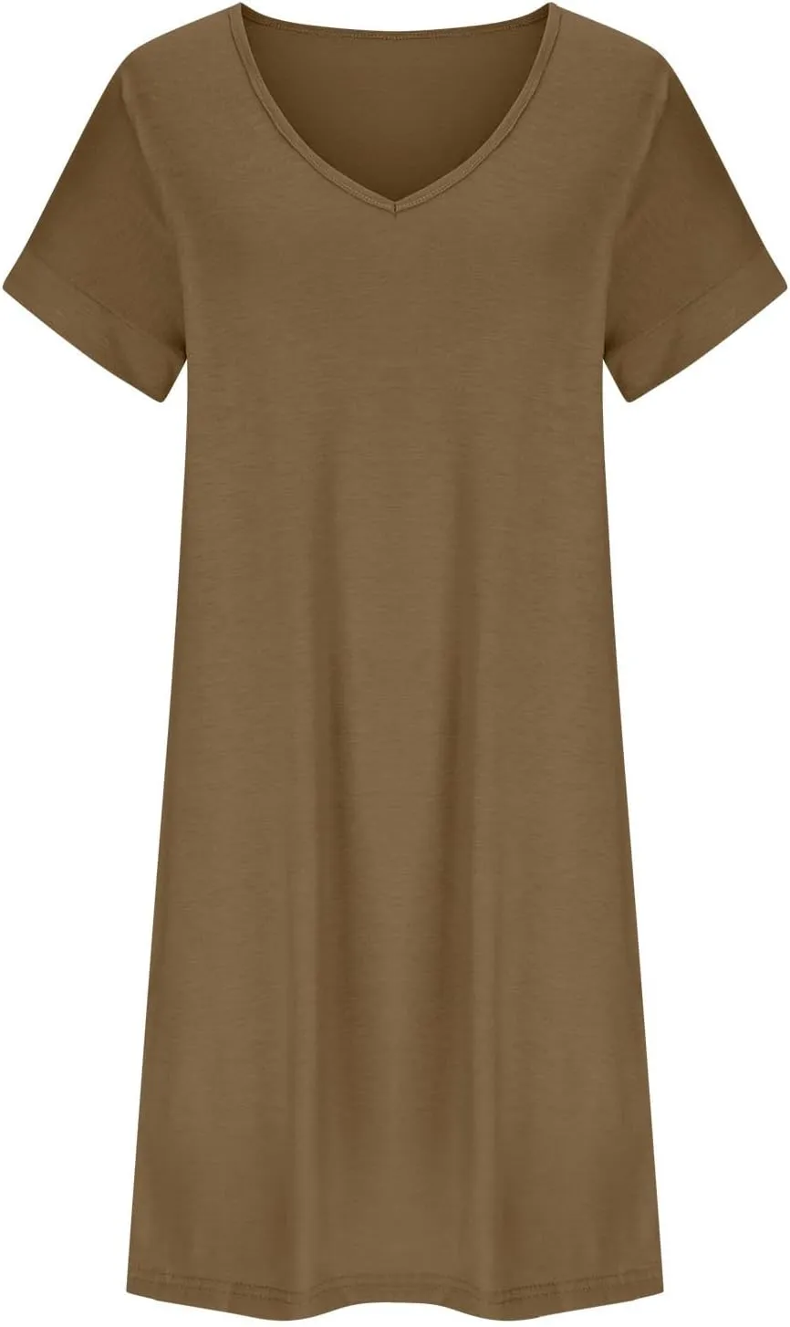 Womens Short Sleeve V Neck T Shirt Dresses Summer Beach Vacation Basic Solid Color Mini Dress with Pocket