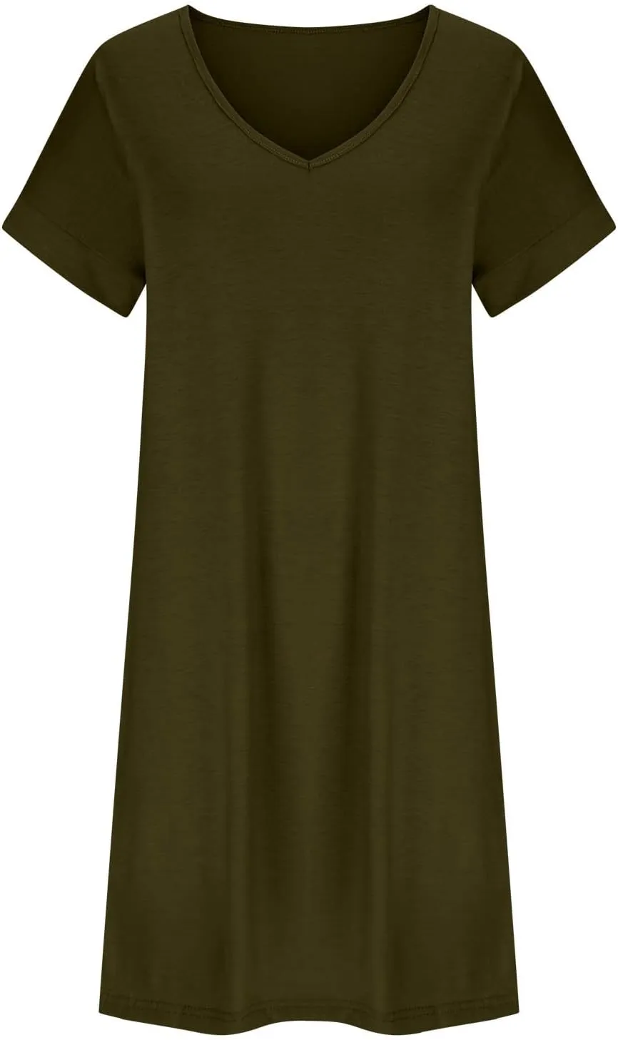 Womens Short Sleeve V Neck T Shirt Dresses Summer Beach Vacation Basic Solid Color Mini Dress with Pocket
