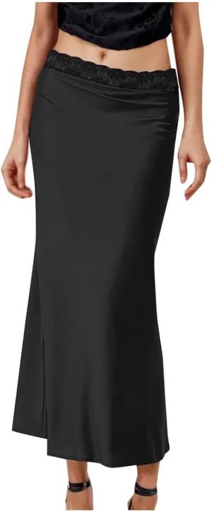 Women's Silk Satin Maxi Skirts Lace Midi Waist A Line Bodycon Long Skirt
