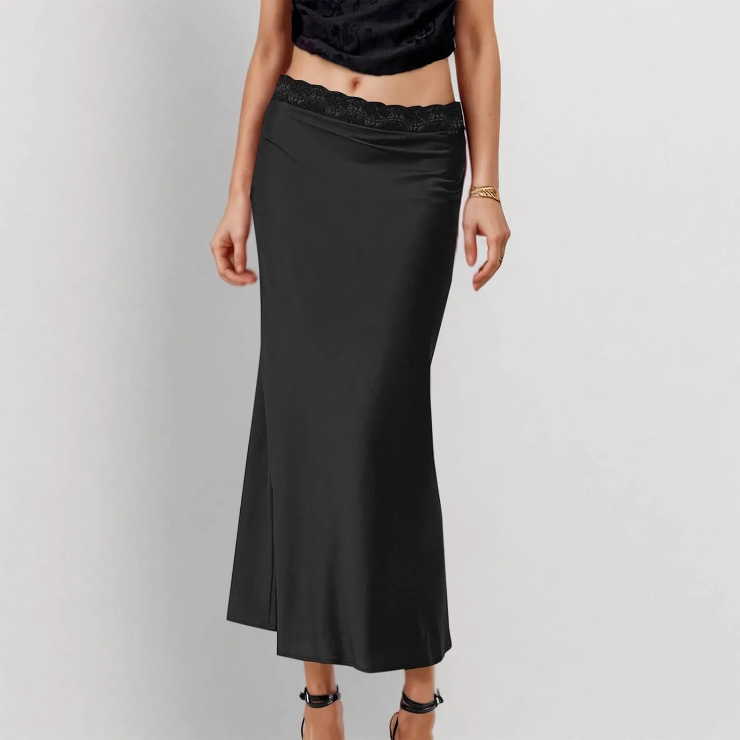 Women's Silk Satin Maxi Skirts Lace Midi Waist A Line Bodycon Long Skirt