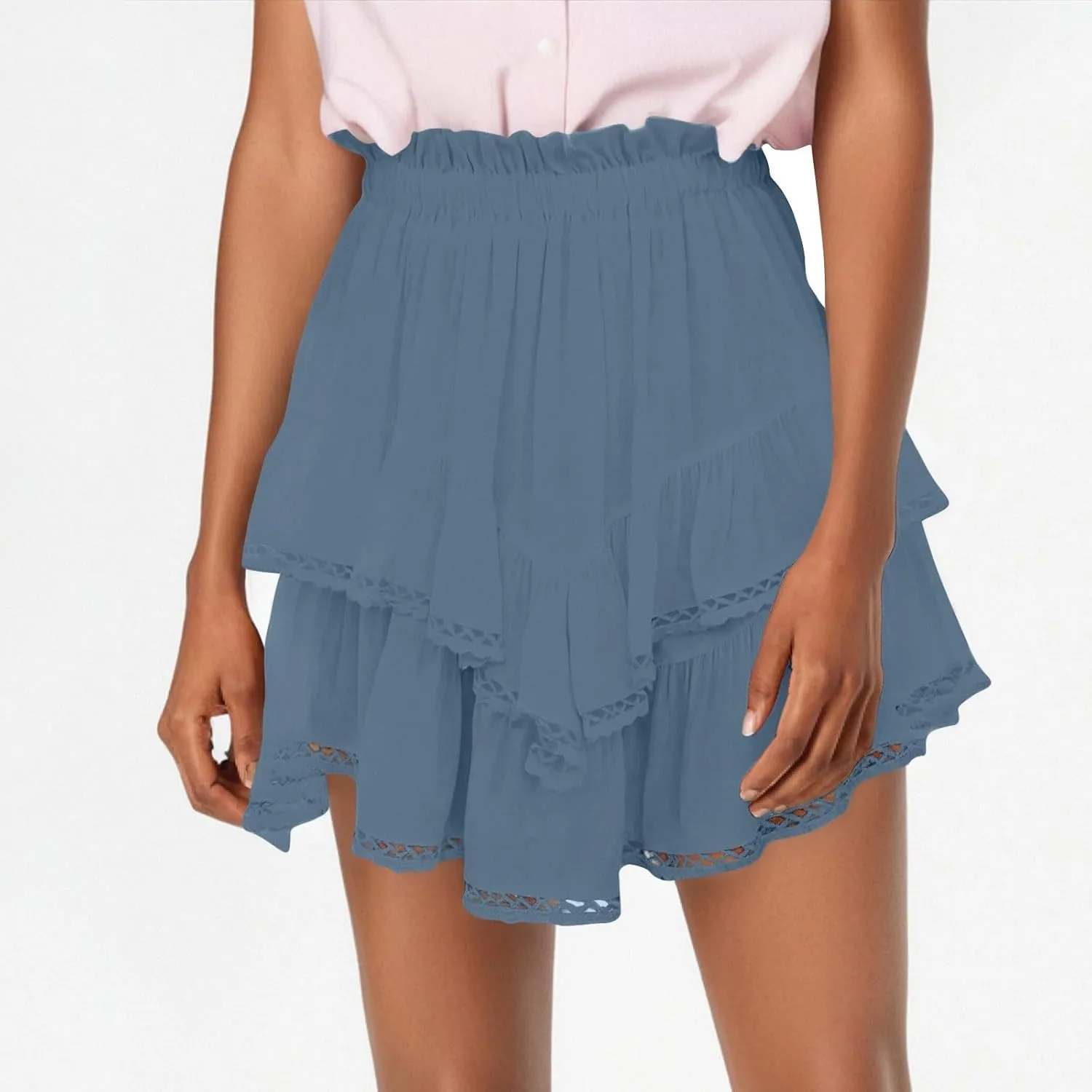 Women's Skirts Trendy 2025 Summer Casual Loose Elastic Waist Solid Color Pleated Sun Tennis Beach Skirt, S-2XL