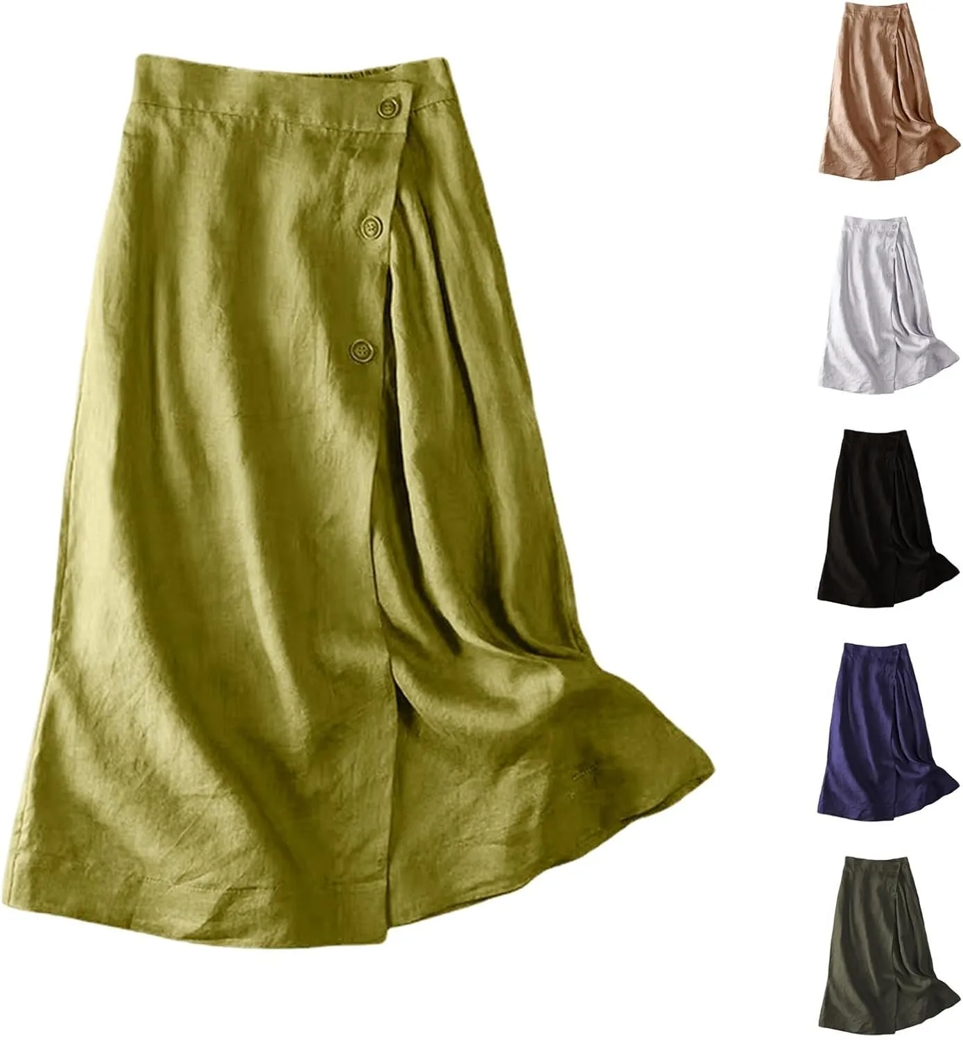 Women's Summer Casual Loose Trendy Elastic Waist Solid Flowy Long Maxi Sun Beach Linen Skirts, M-2XL