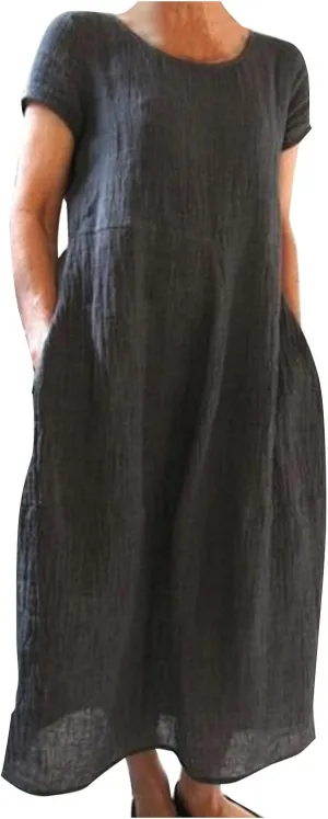Womens Summer Cotton Linen Dresses 2025 Short Sleeve Loose Coverup Maxi Skirt Church Work Travel Outfits Long Dress
