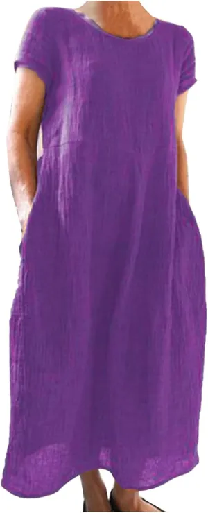 Womens Summer Cotton Linen Dresses 2025 Short Sleeve Loose Coverup Maxi Skirt Church Work Travel Outfits Long Dress