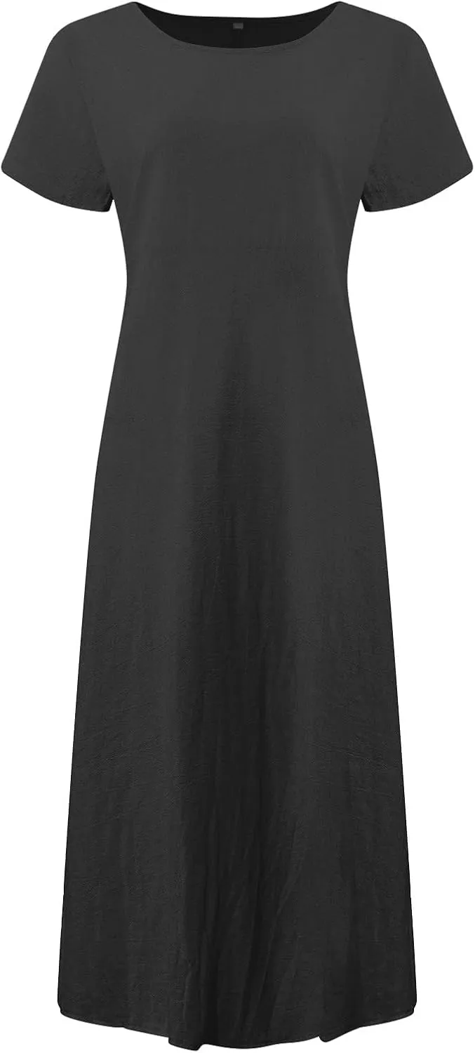 Womens Summer Cotton Linen Dresses 2025 Short Sleeve Loose Coverup Maxi Skirt Church Work Travel Outfits Long Dress