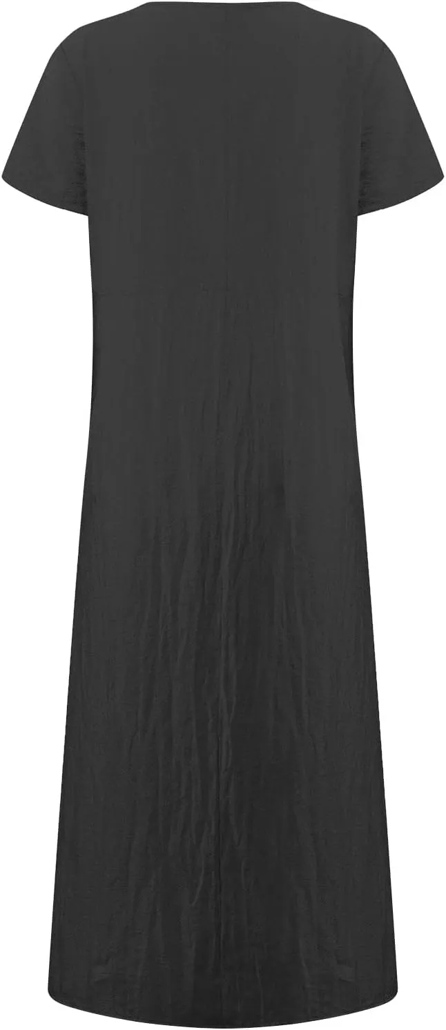 Womens Summer Cotton Linen Dresses 2025 Short Sleeve Loose Coverup Maxi Skirt Church Work Travel Outfits Long Dress