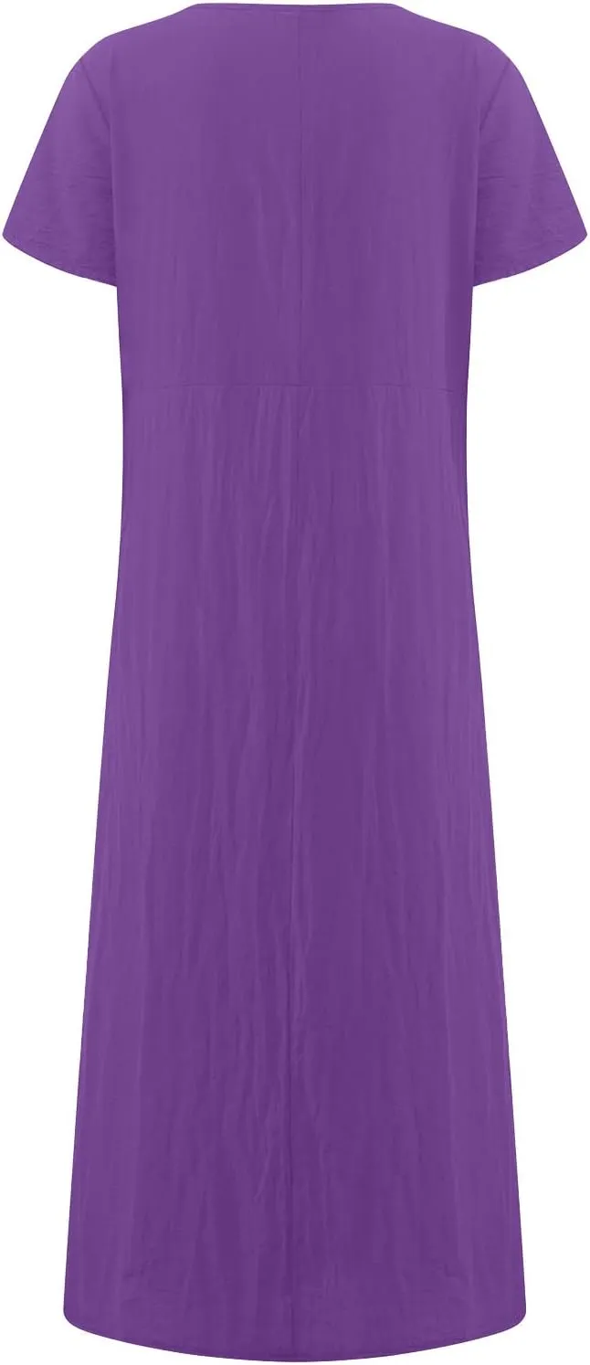 Womens Summer Cotton Linen Dresses 2025 Short Sleeve Loose Coverup Maxi Skirt Church Work Travel Outfits Long Dress