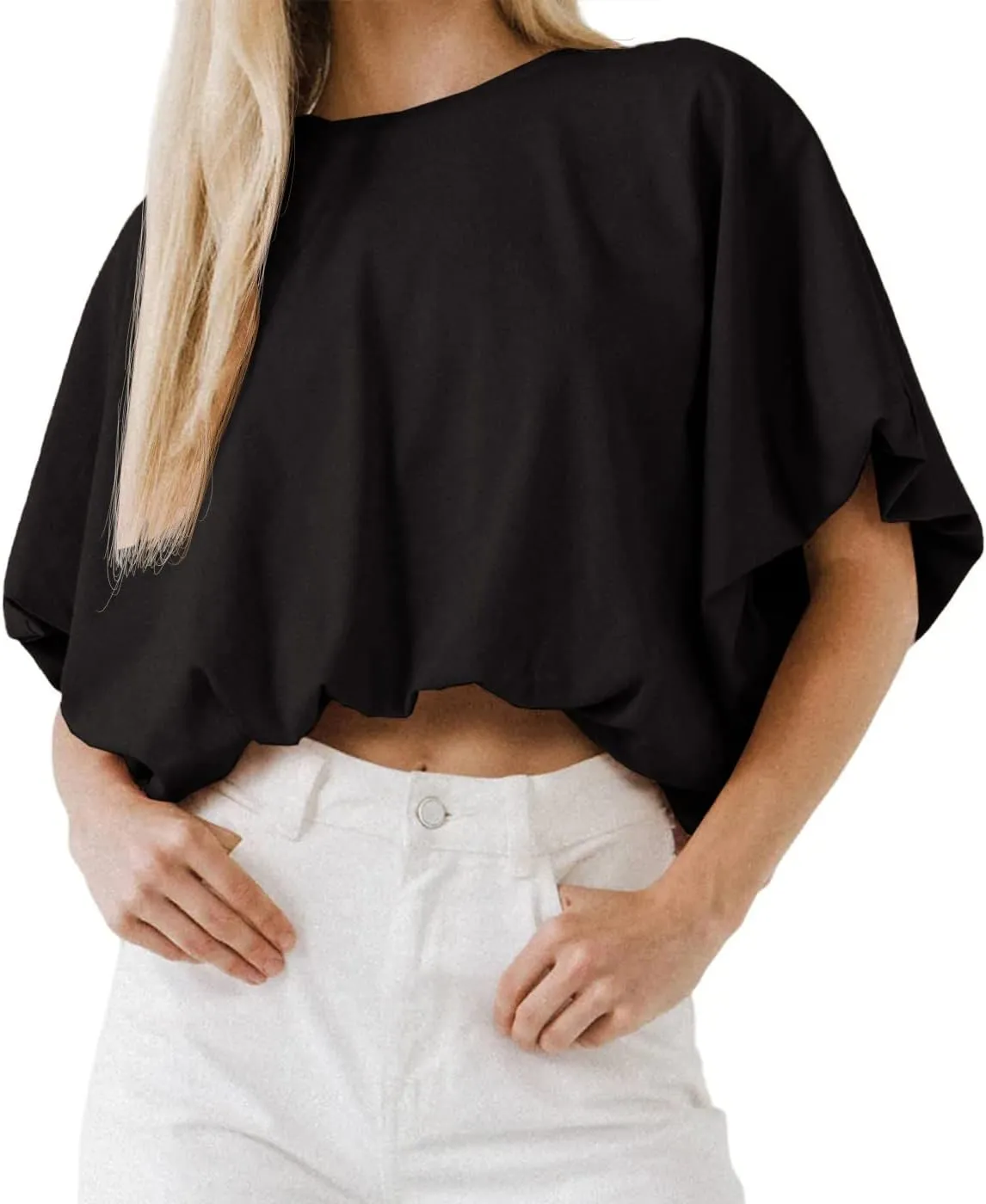 Womens Summer Crewneck Crop Tops Short Sleeve Casual Loose Cropped T Shirts