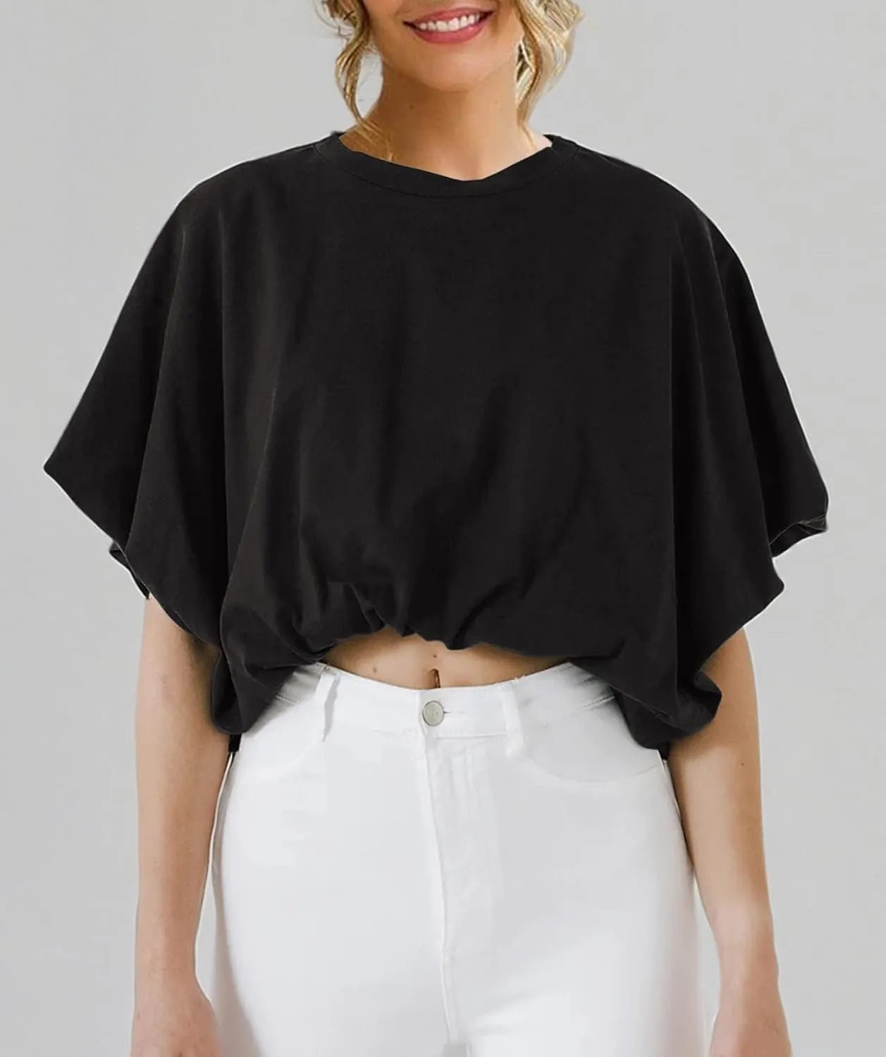 Womens Summer Crewneck Crop Tops Short Sleeve Casual Loose Cropped T Shirts