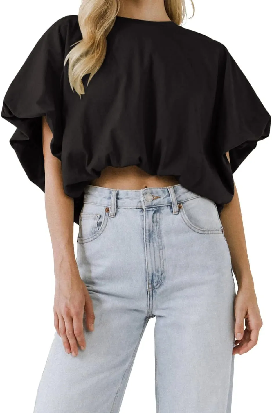 Womens Summer Crewneck Crop Tops Short Sleeve Casual Loose Cropped T Shirts