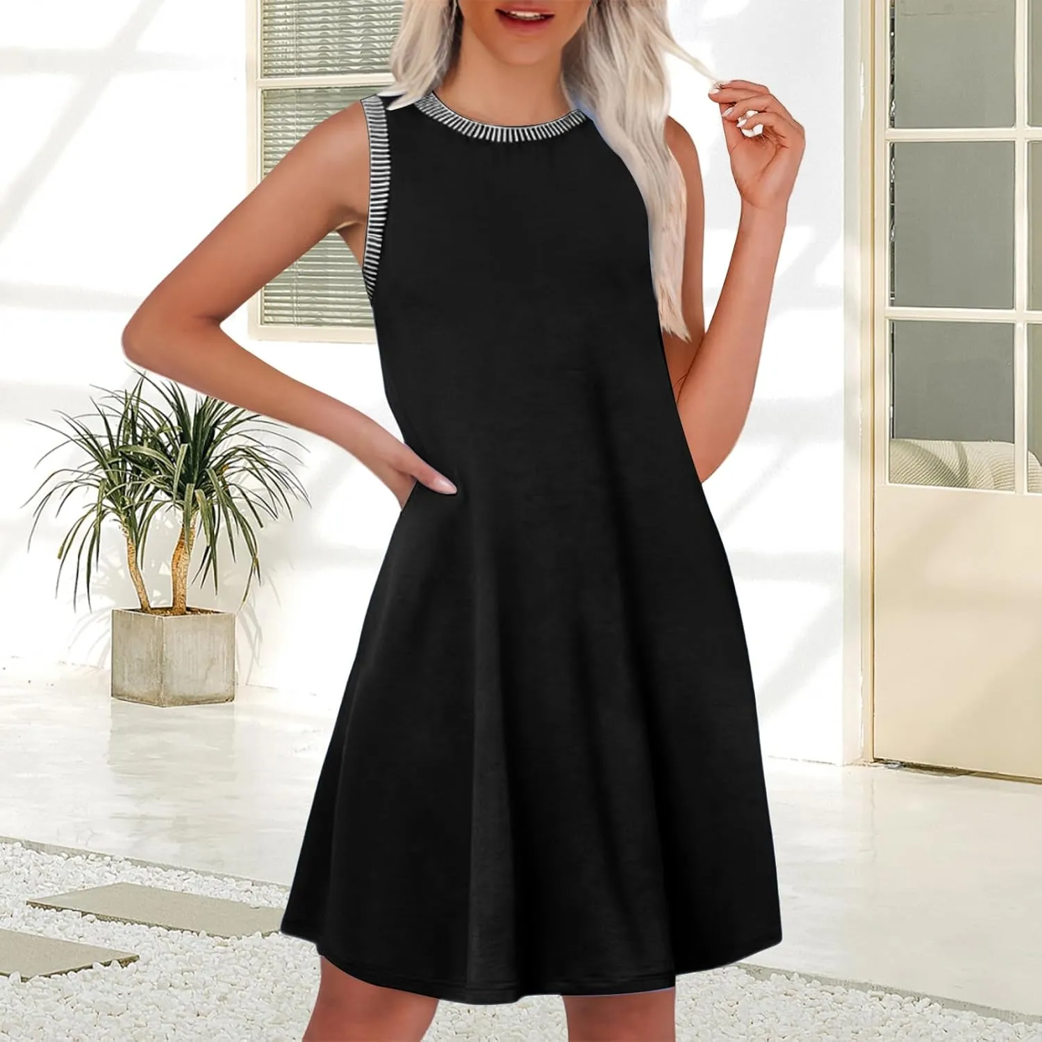 Women's Summer Dress 2025 Casual Crewneck Mini Dresses Fashion Sleeveless Dresses Comfortable Beach Vacation Sundress