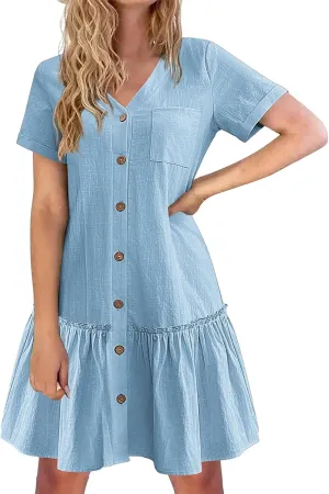 Womens Summer Dresses 2025 Button Down Ruffle Hem Midi Dress V Neck Short Sleeve Dresses Swing Flowy A-Line Dress