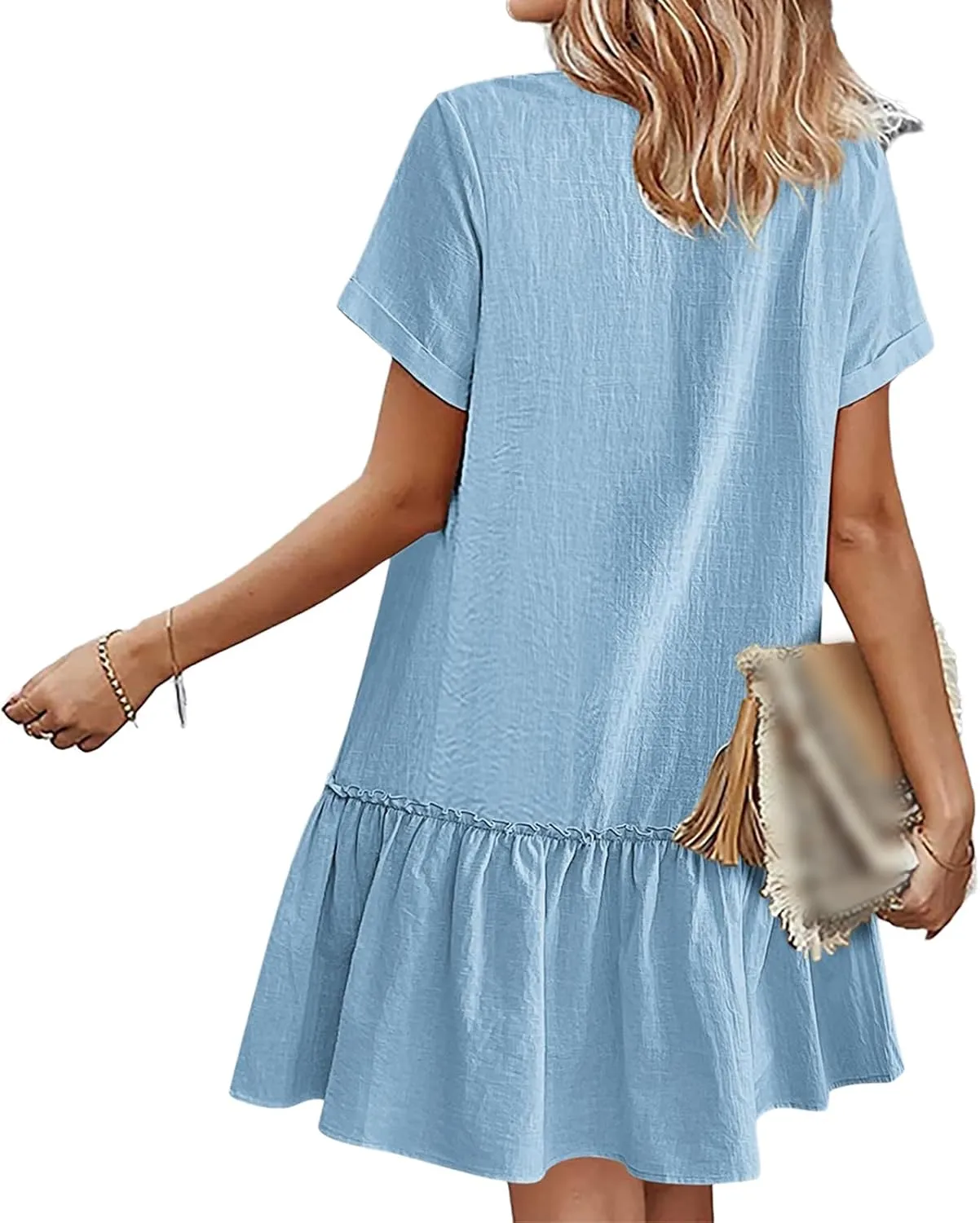 Womens Summer Dresses 2025 Button Down Ruffle Hem Midi Dress V Neck Short Sleeve Dresses Swing Flowy A-Line Dress