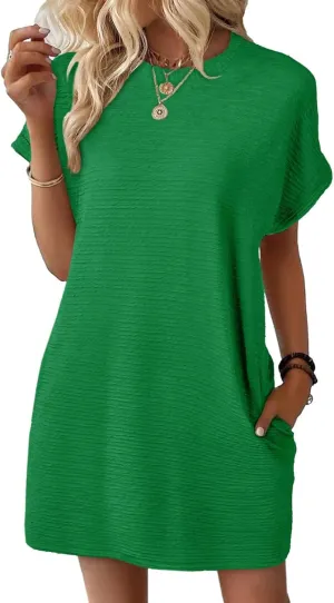 Womens Summer Dresses Short Sleeve Crew Neck Dress Fit T Shirt Mini Dress Casual Loose Beach Dresses with Pockets
