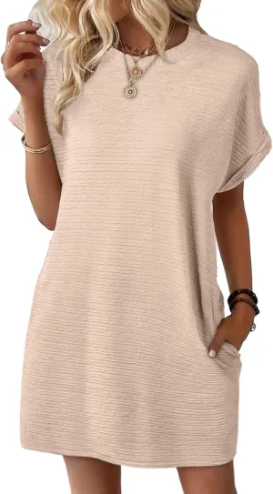 Womens Summer Dresses Short Sleeve Crew Neck Dress Fit T Shirt Mini Dress Casual Loose Beach Dresses with Pockets