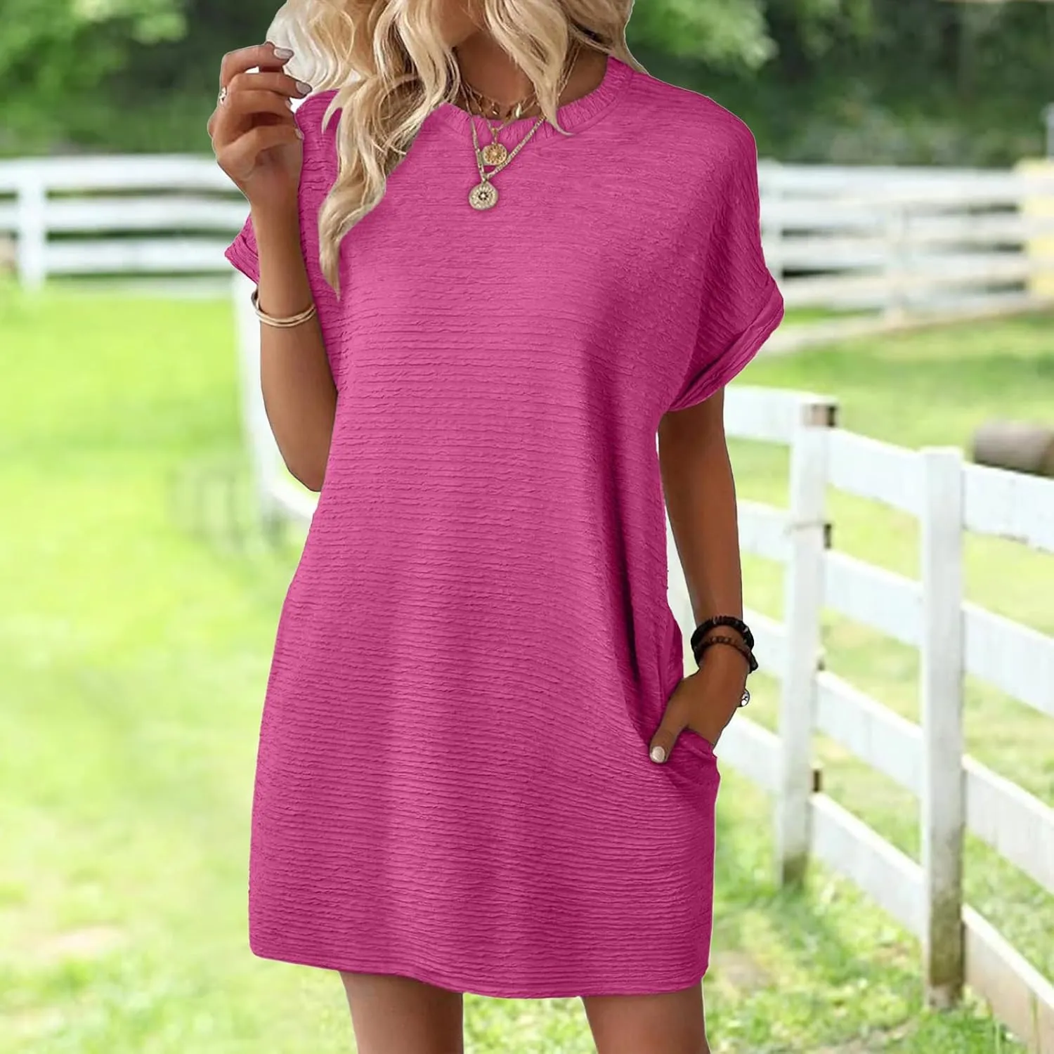 Womens Summer Dresses Short Sleeve Crew Neck Dress Fit T Shirt Mini Dress Casual Loose Beach Dresses with Pockets