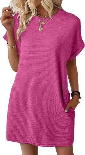 Womens Summer Dresses Short Sleeve Crew Neck Dress Fit T Shirt Mini Dress Casual Loose Beach Dresses with Pockets