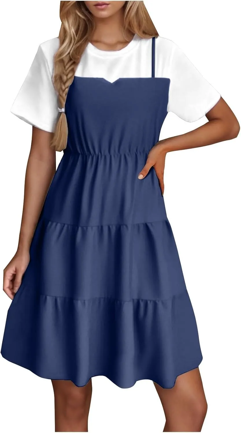 Women's Summer Dresses Short Sleeve White T Shirt Patchwork Fake Two-Piece Casual High Waist A-Line Flowy Dress