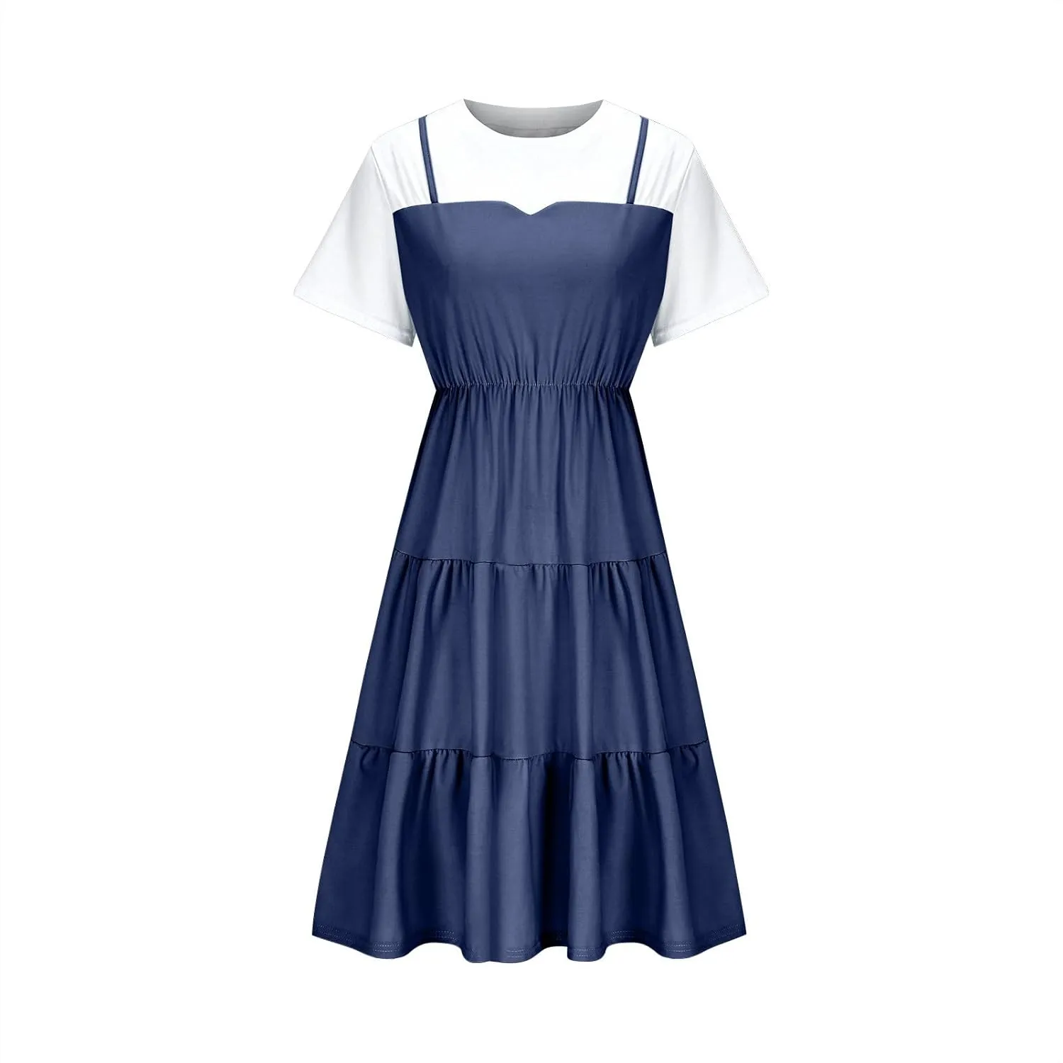 Women's Summer Dresses Short Sleeve White T Shirt Patchwork Fake Two-Piece Casual High Waist A-Line Flowy Dress