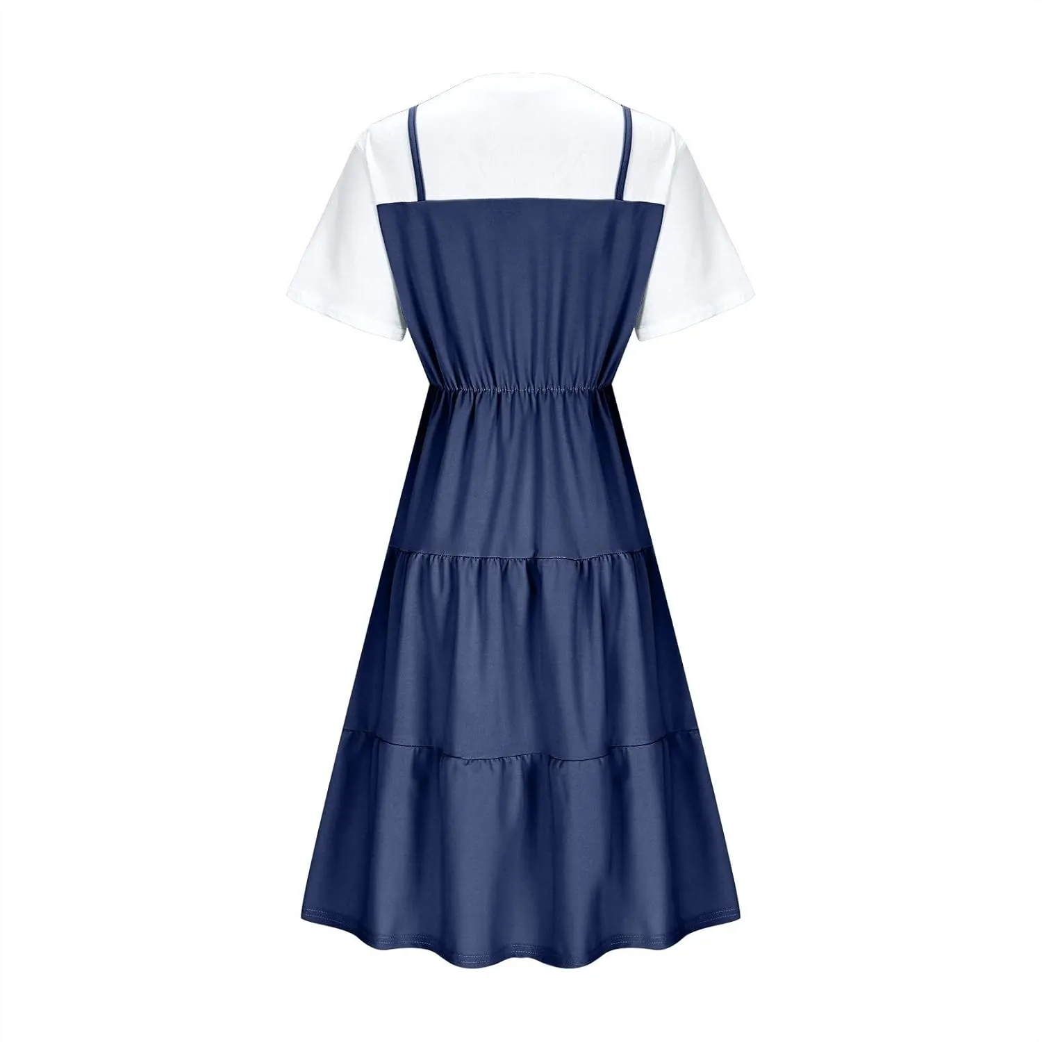 Women's Summer Dresses Short Sleeve White T Shirt Patchwork Fake Two-Piece Casual High Waist A-Line Flowy Dress