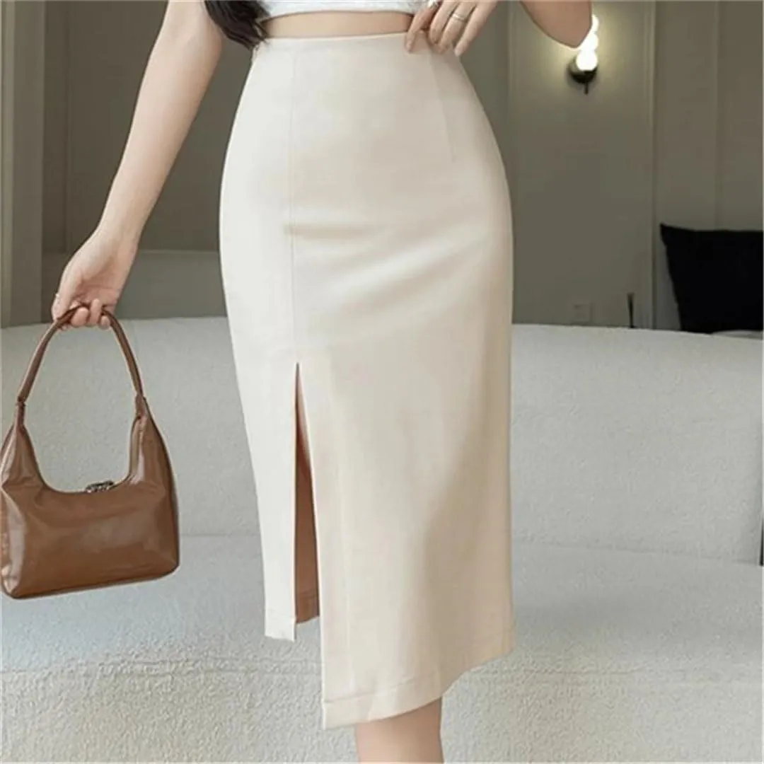 Women's Summer Mid Length Lady Wrap Skirts Elegant High Waist Solid Color Skirts