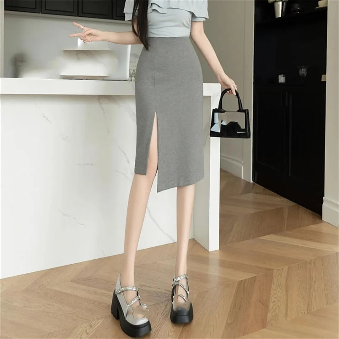Women's Summer Mid Length Lady Wrap Skirts Elegant High Waist Solid Color Skirts