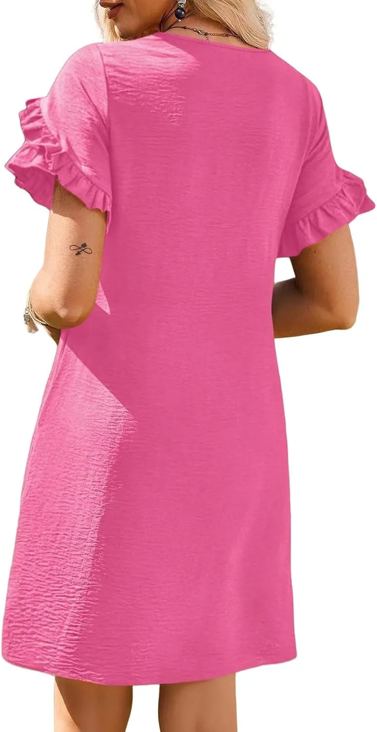 Womens Summer Mini Dress Crewneck Petal Short Sleeve A-Line Shift Dressr Casual Beach Sundress with Pockets 2025