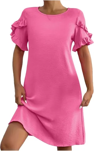 Womens Summer Mini Dress Crewneck Petal Short Sleeve A-Line Shift Dressr Casual Beach Sundress with Pockets 2025