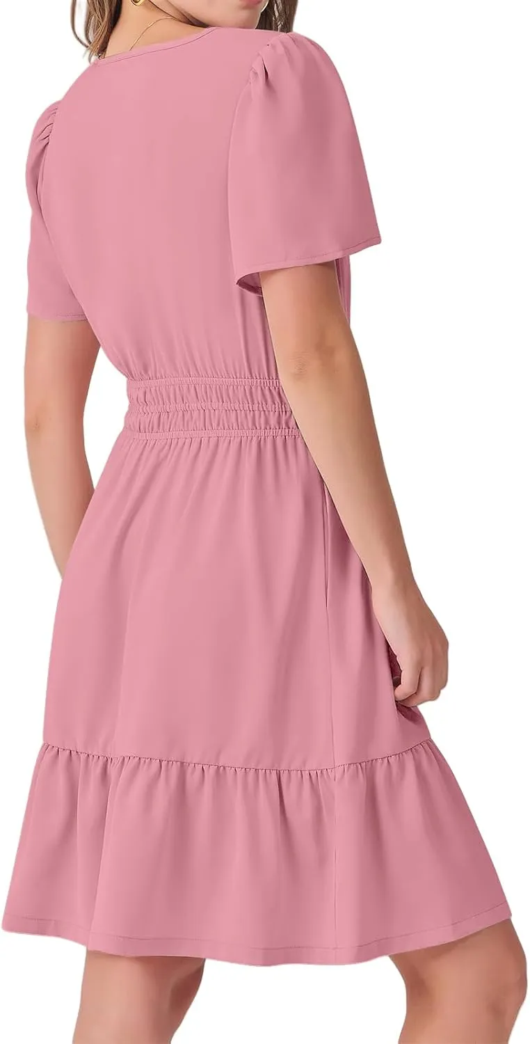 Women's Summer Mini Dress V Neck Short Sleeve Floral A Line High Waist Boho Cute Vacation Beach Dresses 2025