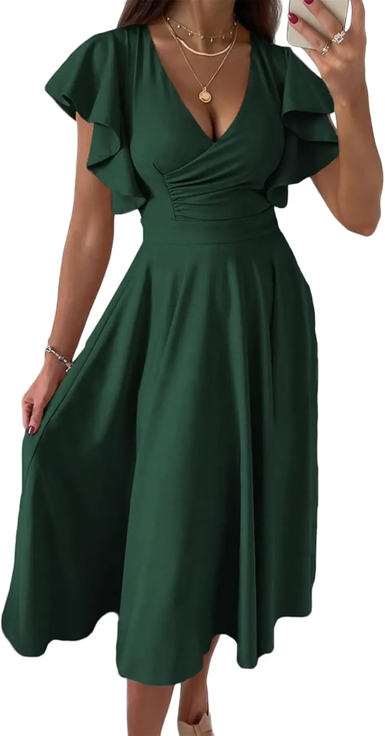 Women's Summer Sexy Dress Warp V Neck Ruffler Short Sleeve Midi Dresses A Line Swing Flared Cocktail Party Dress