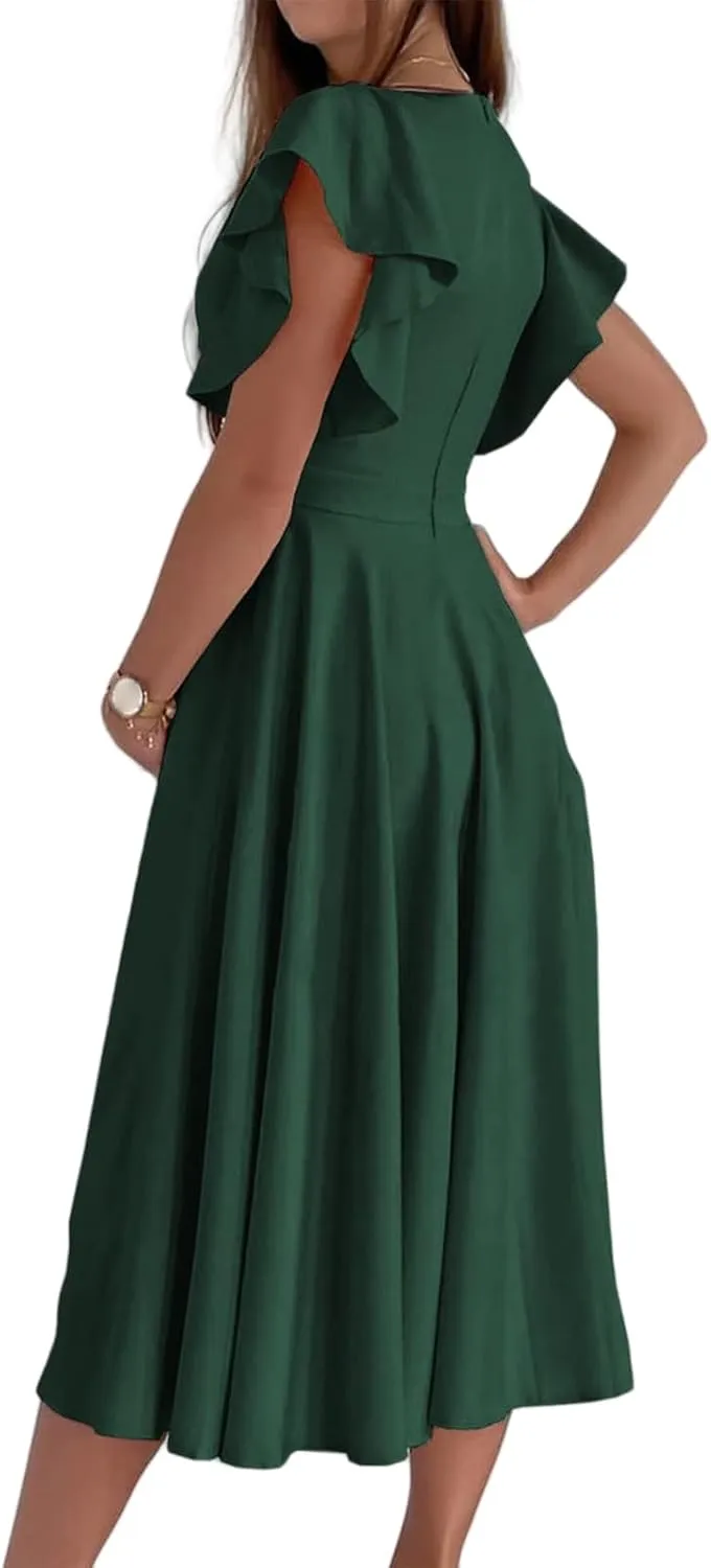 Women's Summer Sexy Dress Warp V Neck Ruffler Short Sleeve Midi Dresses A Line Swing Flared Cocktail Party Dress