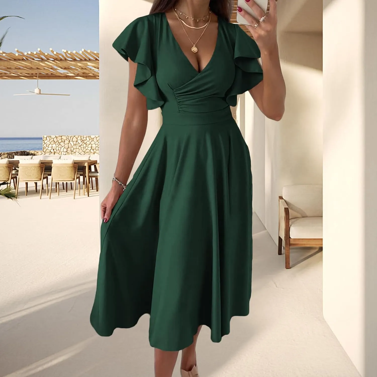 Women's Summer Sexy Dress Warp V Neck Ruffler Short Sleeve Midi Dresses A Line Swing Flared Cocktail Party Dress