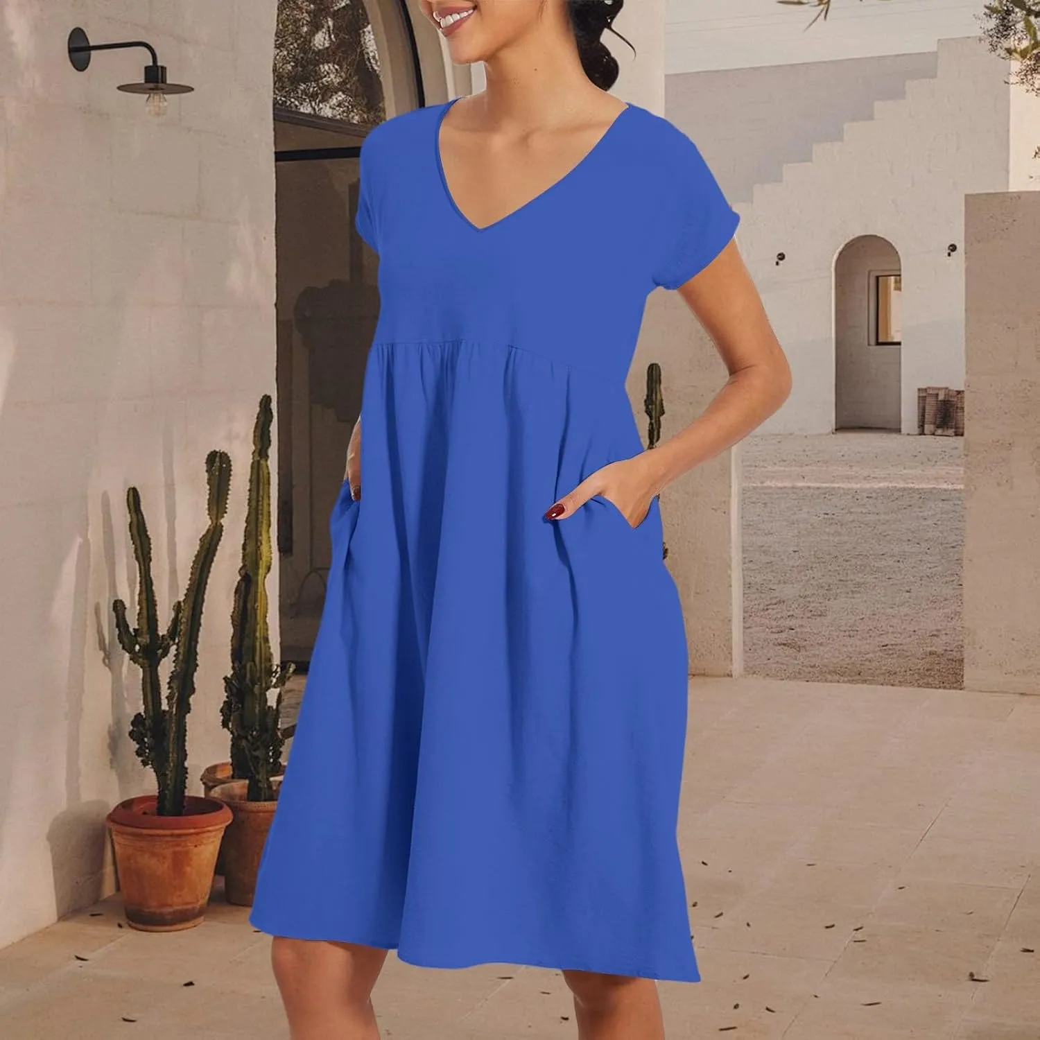 Womens Summer Short Sleeve Dress Casual Plus Size V-Neck Maxi Dresses A Line Flowy Beach Sundress with Pockets