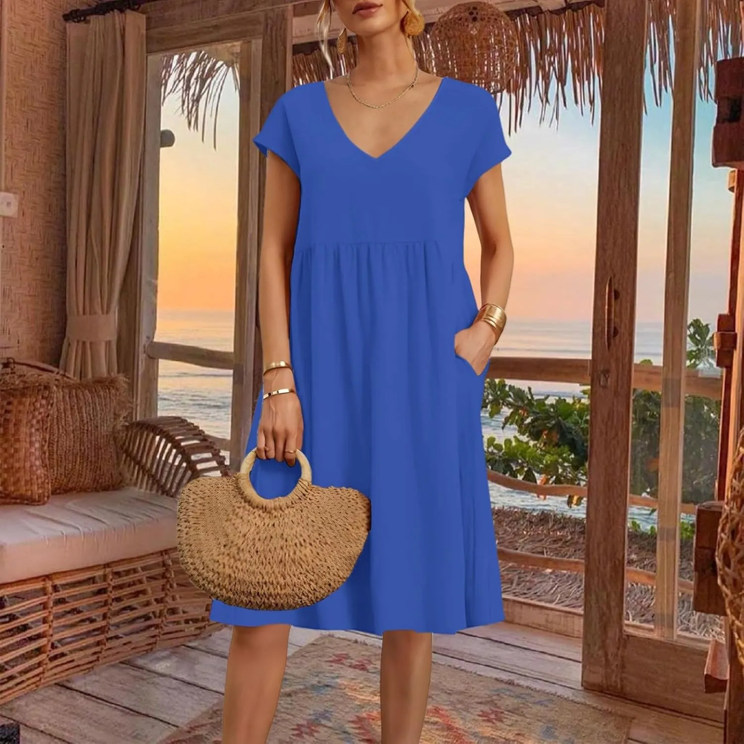 Womens Summer Short Sleeve Dress Casual Plus Size V-Neck Maxi Dresses A Line Flowy Beach Sundress with Pockets