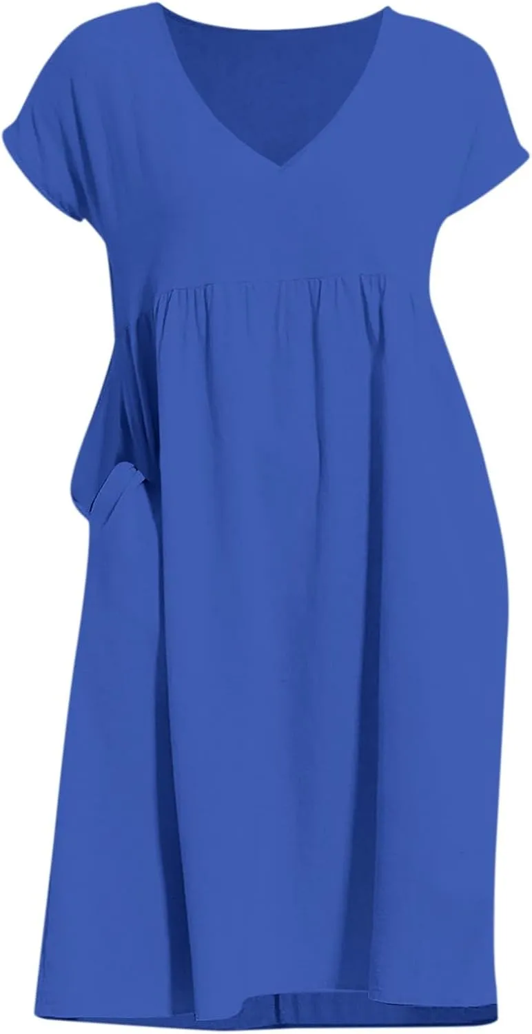 Womens Summer Short Sleeve Dress Casual Plus Size V-Neck Maxi Dresses A Line Flowy Beach Sundress with Pockets