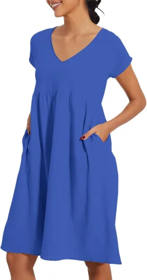 Womens Summer Short Sleeve Dress Casual Plus Size V-Neck Maxi Dresses A Line Flowy Beach Sundress with Pockets